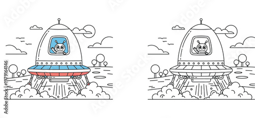 Cartoon UFO Spaceship with Alien Waving Taking Off from Earth, Set of Color and Black and White Line Art for Kids Coloring Pages and Science Fiction Theme Illustration (164 Characters)