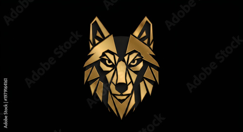 Golden wolf head logo with geometric shapes on black background.