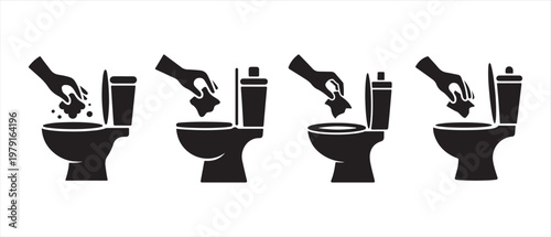 Silhouetted Hands Disposing of Wipes into Toilet Bowls, Bathroom Hygiene and Plumbing Icon Set.