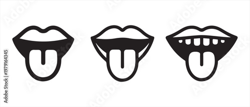 Minimalist Black and White Mouth Icons. with Tongue Sticking Out, Depicting Playful and Cheeky Expressions.