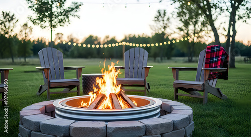 Cozy outdoor fire pit gathering with wooden chairs and string lights at dusk in a grassy field.