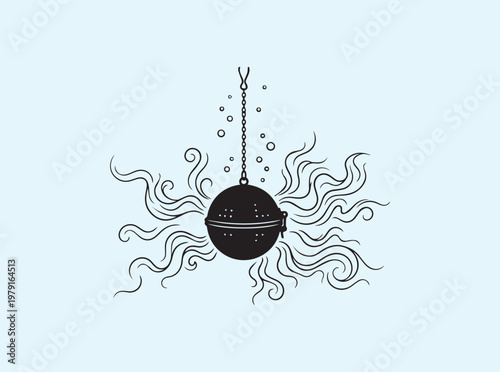 Metal tea ball silhouette with flavor spreading from small holes