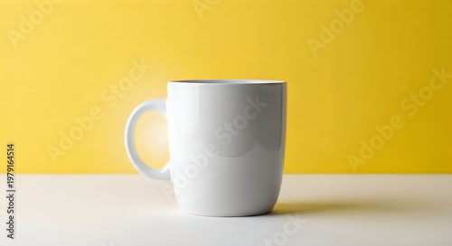 A white coffee mug on a white table against a bright yellow wall background.