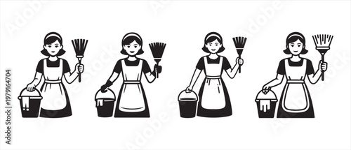 Minimalist black and white illustration of four housekeepers in uniform with cleaning buckets and dusters.