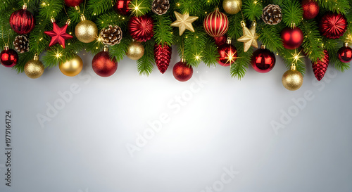 Christmas tree decorations with red and gold ornaments on green branches isolated on gray background.
