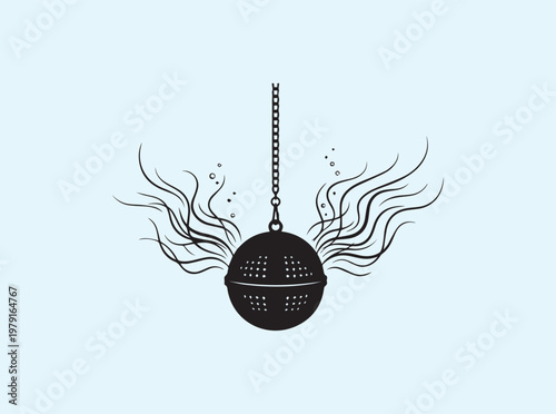 Isolated black icon of a spherical tea strainer in steeping action