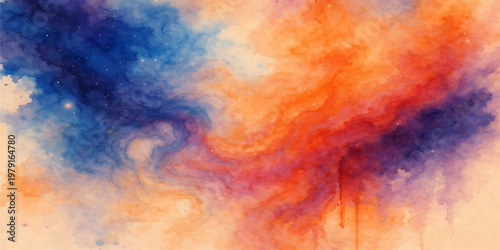 Abstract colorful watercolor background featuring a red and orange fire explosion with smoky textures and hot yellow paint splashes on a grunge paper wallpaper backdrop