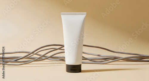 A white tube of cosmetic product with a black base standing on a beige surface with twisted branches.