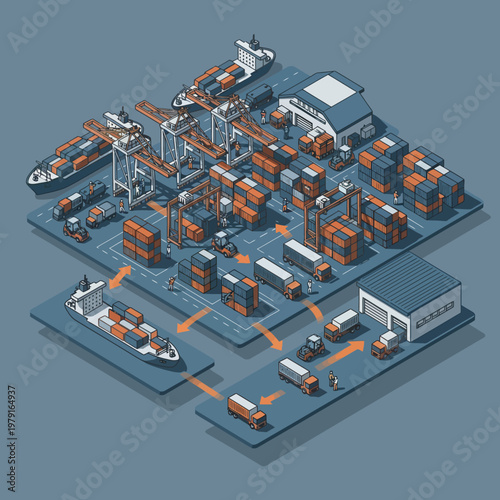 Fotografía Isometric illustration of a global logistics and shipping network