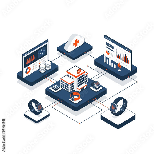 Isometric illustration of a hospital at the center of a healthcare technology network.