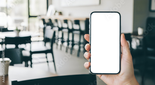 Hand holding smartphone with blank white screen in a blurred cafe background for mockup.