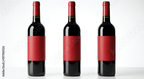 Three red wine bottles with blank labels on white background for mockup or branding purposes.