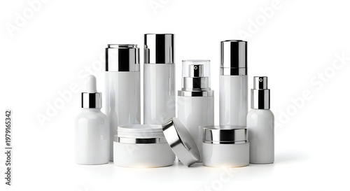 Collection of white cosmetic bottles and containers with silver caps isolated on white background.