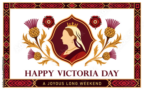 Elegant Victoria Day Illustration with Queen Silhouette, Floral Ornament and Royal Vintage Frame