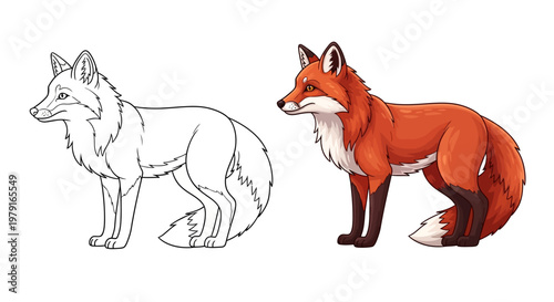 Red Fox Line Art and Full Color Illustration Side View
