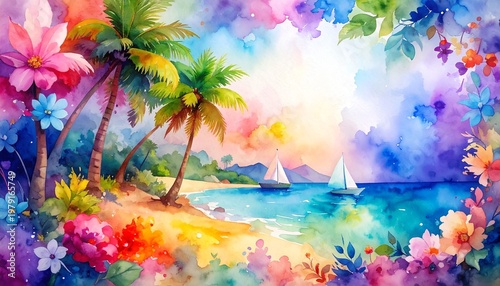 beautiful border frame of summer themed painting with beach scene background with copy space