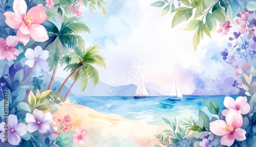 beautiful border frame of summer themed painting with beach scene background with copy space