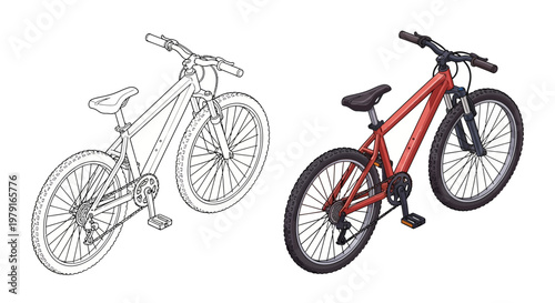 Red Mountain Bike Sketch and Colored Illustration Side-by-Side
