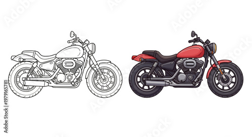 Red Motorcycle Outline and Full Color Side View - Pixel Art Style