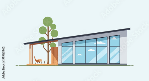 Modern House with Large Windows and Tree.