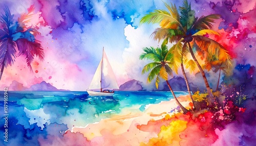 beautiful border frame of summer themed painting with beach scene background with copy space