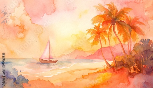 beautiful border frame of summer themed painting with beach scene background with copy space