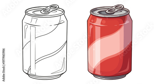 Red Soda Can Outline and Full Color Comparison, Refreshment Drink Packaging