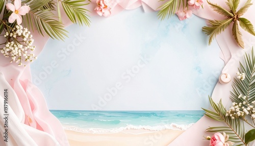 beautiful border frame of summer themed painting with beach scene background with copy space
