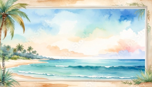 beautiful border frame of summer themed painting with beach scene background with copy space