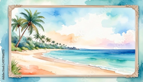 beautiful border frame of summer themed painting with beach scene background with copy space
