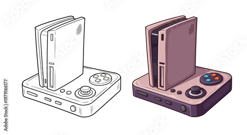 Retro Gaming Console and Controller, Line Art and Color Version