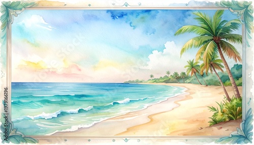 beautiful border frame of summer themed painting with beach scene background with copy space