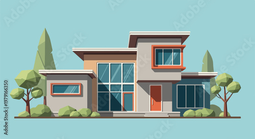 Modern House with Large Windows and Trees.