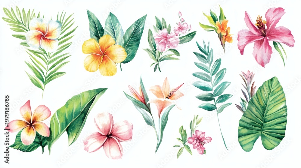 Obraz premium Watercolor set of tropical floral bouquets and palm leaves on white, vibrant pink, orange and yellow flowers, botanical clipart collection.
