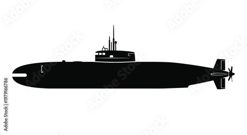 A black silhouette of a military submarine on a white background silhouette
