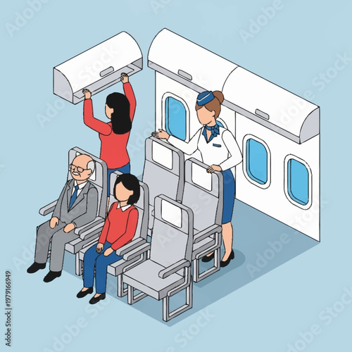 Flight attendants serving passengers on airplane.