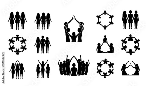 Women Unity and Empowerment Black Silhouette Icon Set Vector