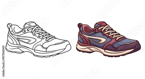 Running Shoe Outline and Colored Version - Sports Footwear