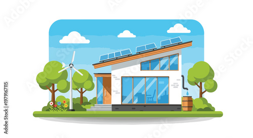 Modern house with solar panels roof.