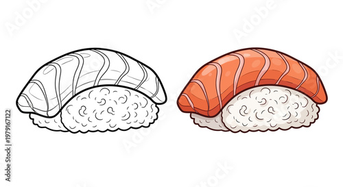Salmon Nigiri Sushi: Line Art and Color Illustration Comparison
