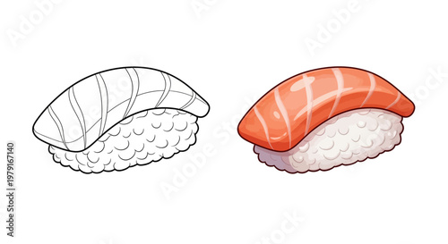 Salmon Nigiri Sushi: Outline vs. Colored Illustration