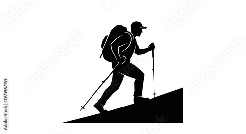 Hiker climbing steep mountain trail.