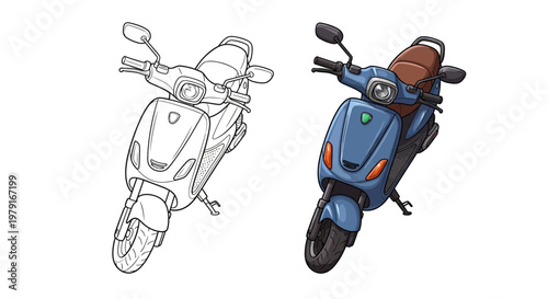 Scooter Line Art and Full Color Illustration Comparison