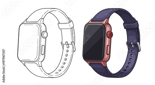 Smartwatch: Line Drawing and Realistic Color Illustration Side-by-Side