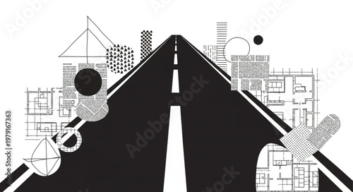 Abstract Road Leading to City Buildings Illustration.