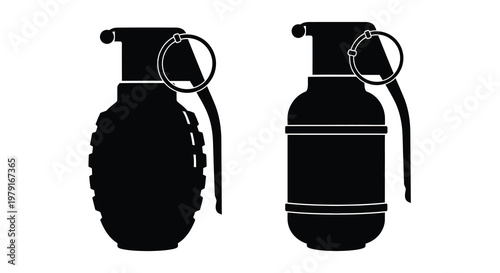 Two black silhouettes of vintage hand grenades detailed design silhouette
