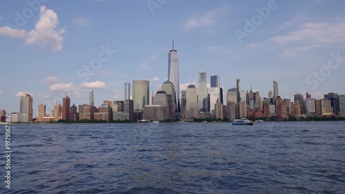 New York Manhattan at evening. Sunset in New York Lower Manhattan Financial District Hudson River. From New york with love. Manhattan New York Cityscape NYC. Viiew of Manhattan skyline sunrise.