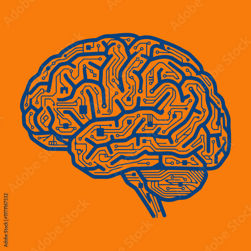 Artificial Intelligence Brain With Circuit Board Pattern On Orange Background