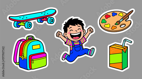 Cartoon stickers of a happy boy jumping, a skateboard, a backpack, a paint palette, and a juice box on a grey background.