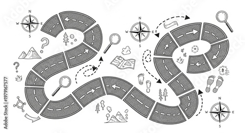 Abstract road map with compasses and magnifying glasses.